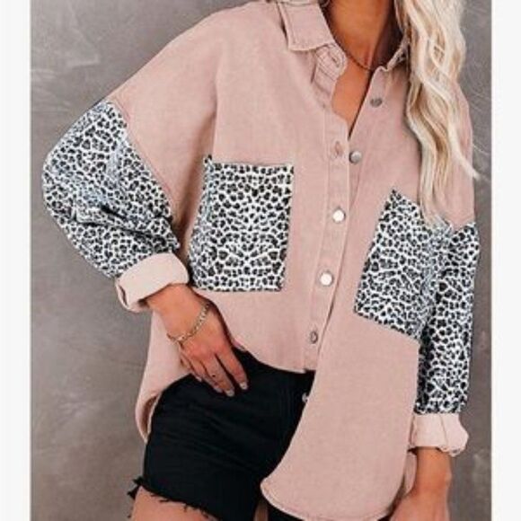 New Button Down Leopard Patch Pink Denim Jacket - Picture 1 of 6